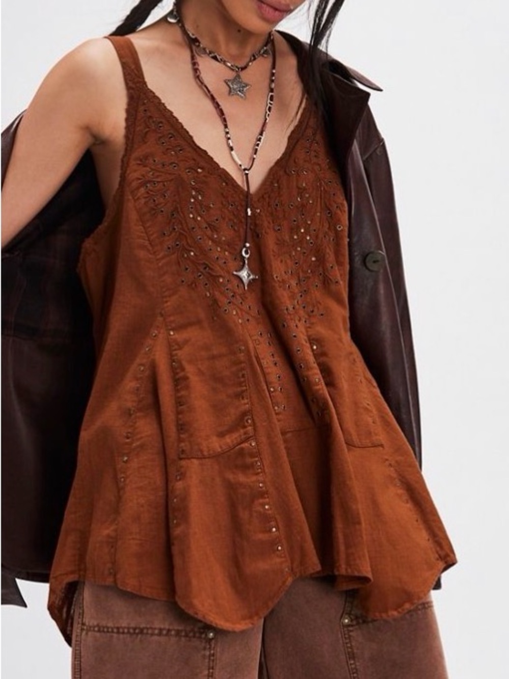 Free People Rust Brown Embellished V-Neck Camisole